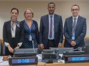 (van links naar rechts) De drie covoorzitters van het UN-GGIM Expertencomité en de verslaggever : Mevrouw Paloma Merodio Gómez (Mexico), Mevrouw Ingrid Vanden Berghe (België), De heer Tulu Besha Bedada (Ethiopië), De heer Kamal Outghouliast (Marokko)
